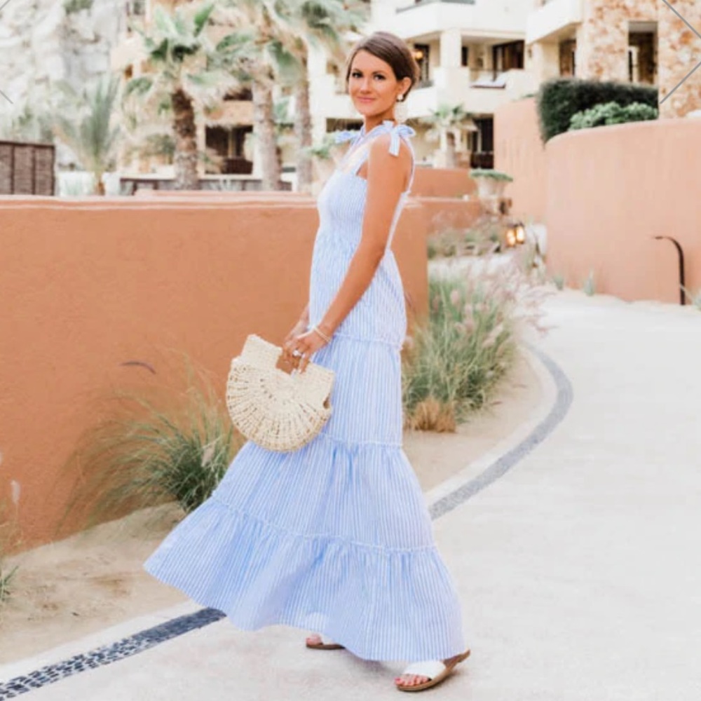 Caitlin Covington X Pink Lily The Santorini Striped Blue/White Maxi Dress